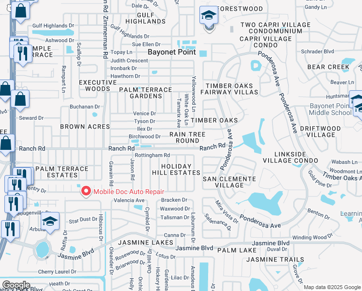 map of restaurants, bars, coffee shops, grocery stores, and more near 11004 Tamarix Avenue in Port Richey