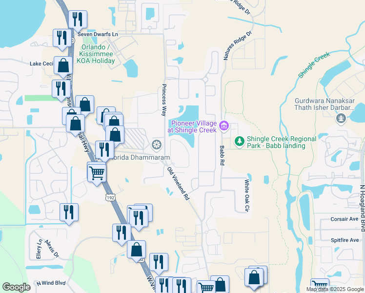 map of restaurants, bars, coffee shops, grocery stores, and more near 2393 Caravelle Circle in Kissimmee