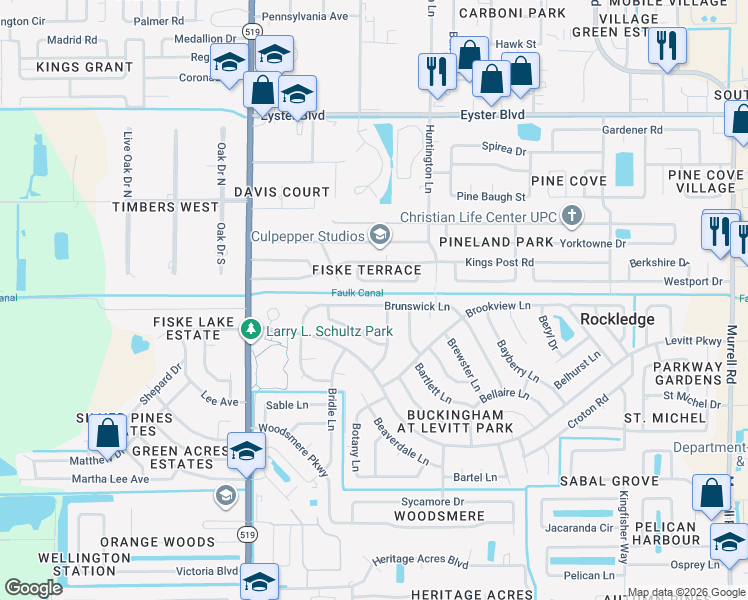 map of restaurants, bars, coffee shops, grocery stores, and more near 936 Brunswick Lane in Rockledge