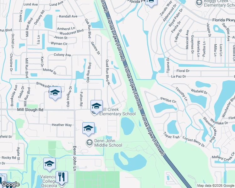 map of restaurants, bars, coffee shops, grocery stores, and more near 2447 Quail Run Boulevard North in Kissimmee