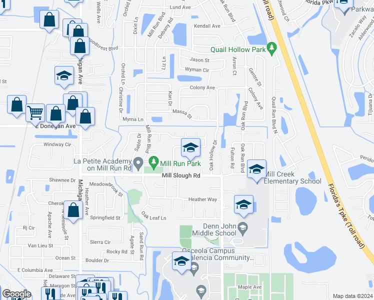 map of restaurants, bars, coffee shops, grocery stores, and more near 1524 Kelby Road in Kissimmee
