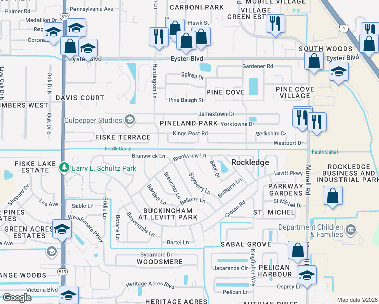 map of restaurants, bars, coffee shops, grocery stores, and more near 919 Brookview Lane in Rockledge
