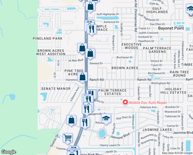 map of restaurants, bars, coffee shops, grocery stores, and more near 11011 Martha Avenue in Port Richey