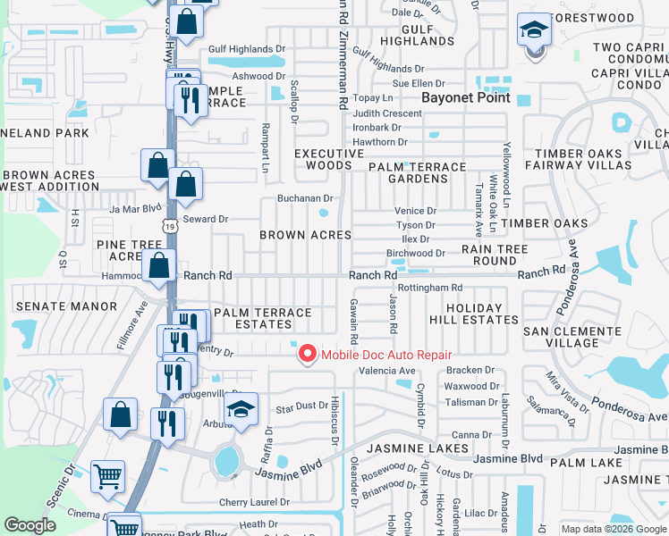 map of restaurants, bars, coffee shops, grocery stores, and more near 11004 McKinley Drive in Port Richey