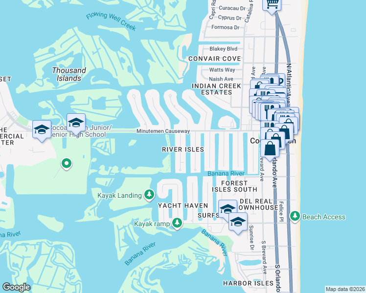 map of restaurants, bars, coffee shops, grocery stores, and more near 112 Deleon Road in Cocoa Beach