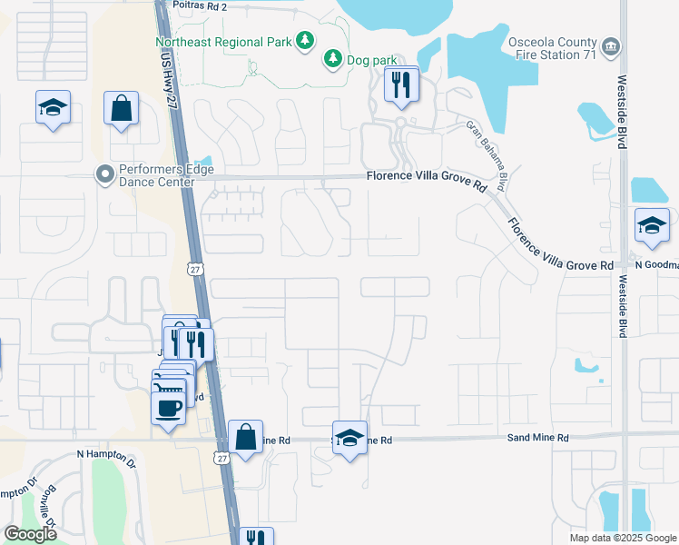 map of restaurants, bars, coffee shops, grocery stores, and more near 2260 Lelani Cir in Davenport