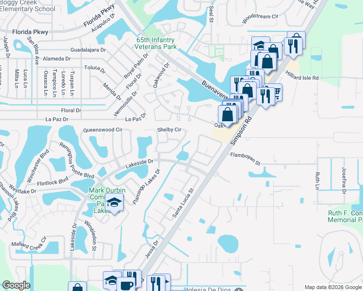 map of restaurants, bars, coffee shops, grocery stores, and more near 2494 Shelby Circle in Kissimmee