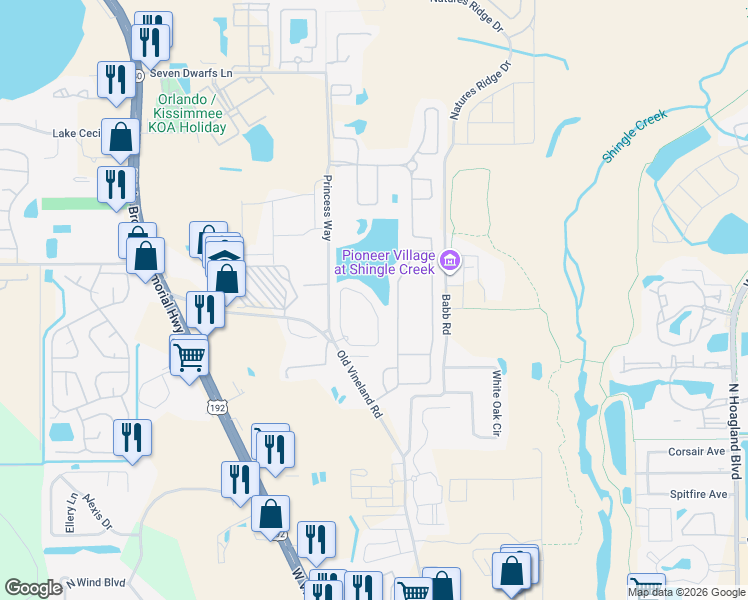 map of restaurants, bars, coffee shops, grocery stores, and more near 2396 Caravelle Circle in Kissimmee