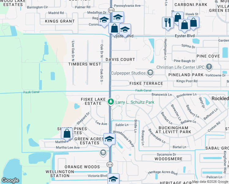 map of restaurants, bars, coffee shops, grocery stores, and more near 7 Buckingham Court in Rockledge