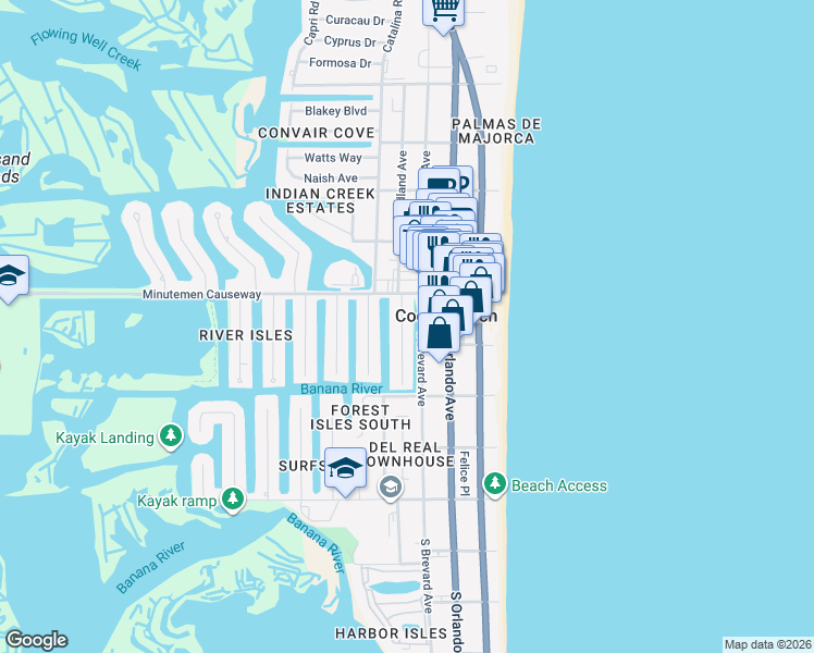 map of restaurants, bars, coffee shops, grocery stores, and more near 106 Sunset Drive in Cocoa Beach