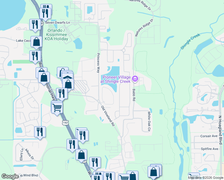 map of restaurants, bars, coffee shops, grocery stores, and more near 2404 Caravelle Circle in Kissimmee