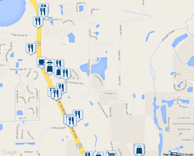 map of restaurants, bars, coffee shops, grocery stores, and more near 2404 Caravelle Circle in Kissimmee