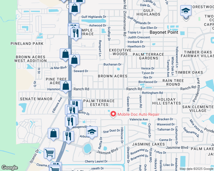 map of restaurants, bars, coffee shops, grocery stores, and more near 11015 Harding Drive in Port Richey
