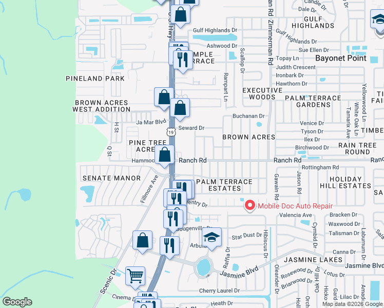map of restaurants, bars, coffee shops, grocery stores, and more near 10939 Premier Avenue in Port Richey