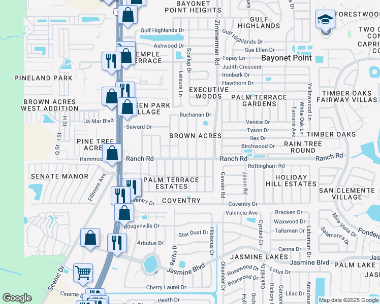map of restaurants, bars, coffee shops, grocery stores, and more near 11014 Harding Drive in Port Richey