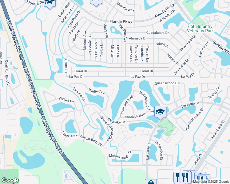 map of restaurants, bars, coffee shops, grocery stores, and more near 2505 Hikers Court in Kissimmee