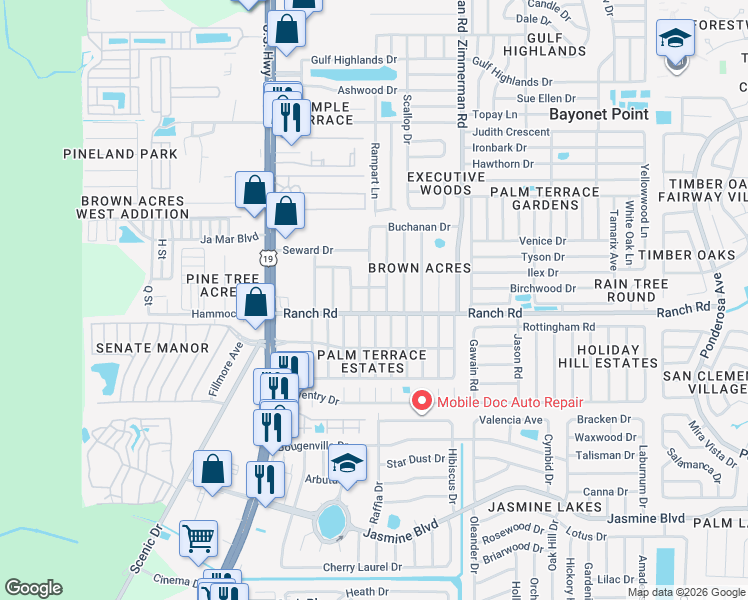 map of restaurants, bars, coffee shops, grocery stores, and more near 11014 Grant Drive in Port Richey