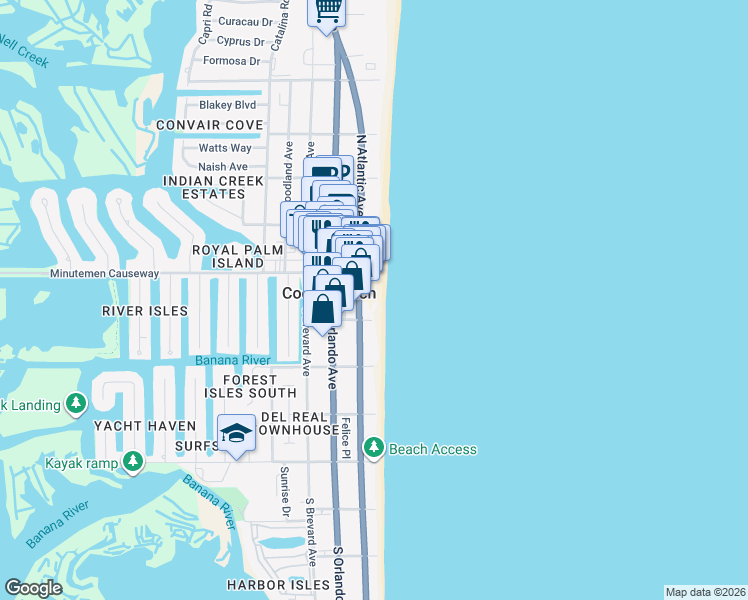 map of restaurants, bars, coffee shops, grocery stores, and more near 57 South Atlantic Avenue in Cocoa Beach