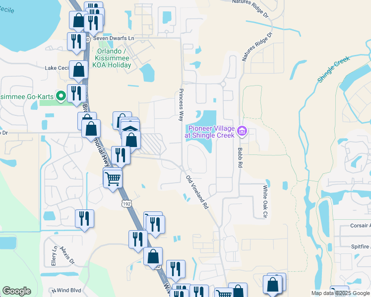 map of restaurants, bars, coffee shops, grocery stores, and more near 2335 Caravelle Circle in Kissimmee