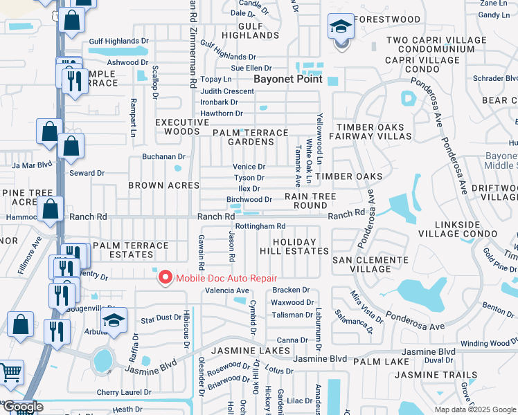 map of restaurants, bars, coffee shops, grocery stores, and more near 7721 Arbordale Drive in Port Richey