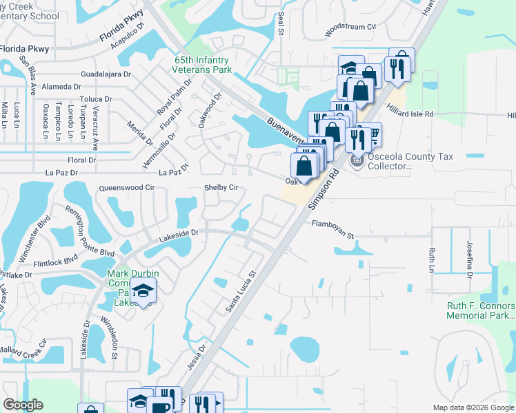 map of restaurants, bars, coffee shops, grocery stores, and more near 2406 Weymouth Court in Kissimmee