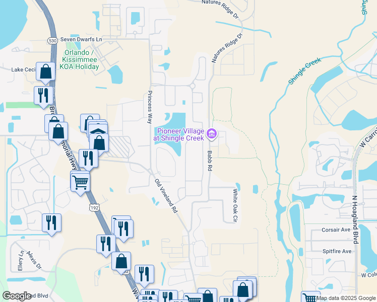 map of restaurants, bars, coffee shops, grocery stores, and more near 2481 Shanti Drive in Kissimmee