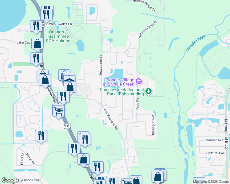 map of restaurants, bars, coffee shops, grocery stores, and more near 2404 Caravelle Circle in Kissimmee