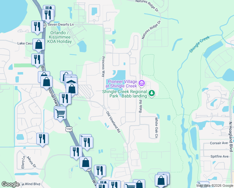 map of restaurants, bars, coffee shops, grocery stores, and more near 2404 Caravelle Circle in Kissimmee