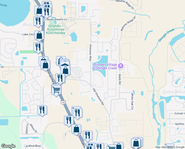 map of restaurants, bars, coffee shops, grocery stores, and more near 2335 Caravelle Circle in Kissimmee