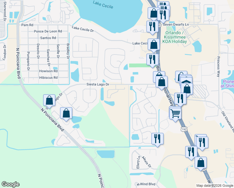 map of restaurants, bars, coffee shops, grocery stores, and more near 2466 Sweetwater Club Circle in Kissimmee