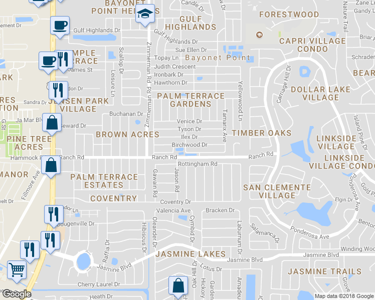 map of restaurants, bars, coffee shops, grocery stores, and more near 7701 Arbordale Drive in Port Richey