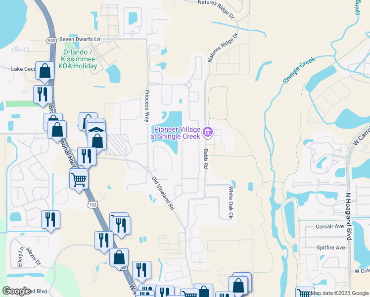map of restaurants, bars, coffee shops, grocery stores, and more near 2481 Shanti Drive in Kissimmee