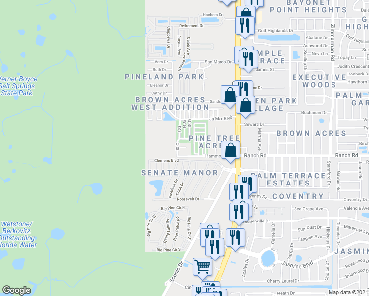map of restaurants, bars, coffee shops, grocery stores, and more near 6639 Hammock Road in Port Richey
