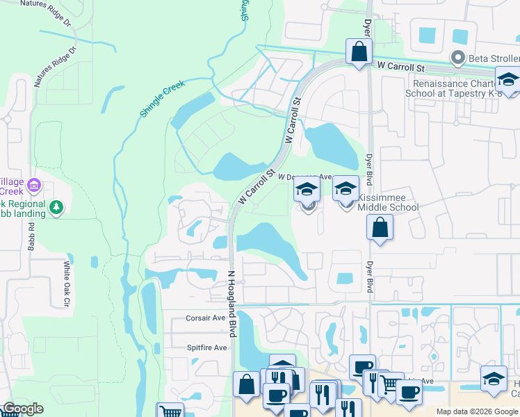 map of restaurants, bars, coffee shops, grocery stores, and more near West Carroll Street in Kissimmee