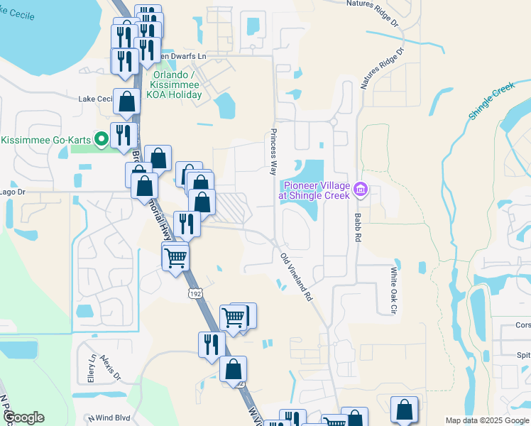 map of restaurants, bars, coffee shops, grocery stores, and more near 2490 Princess Way in Kissimmee