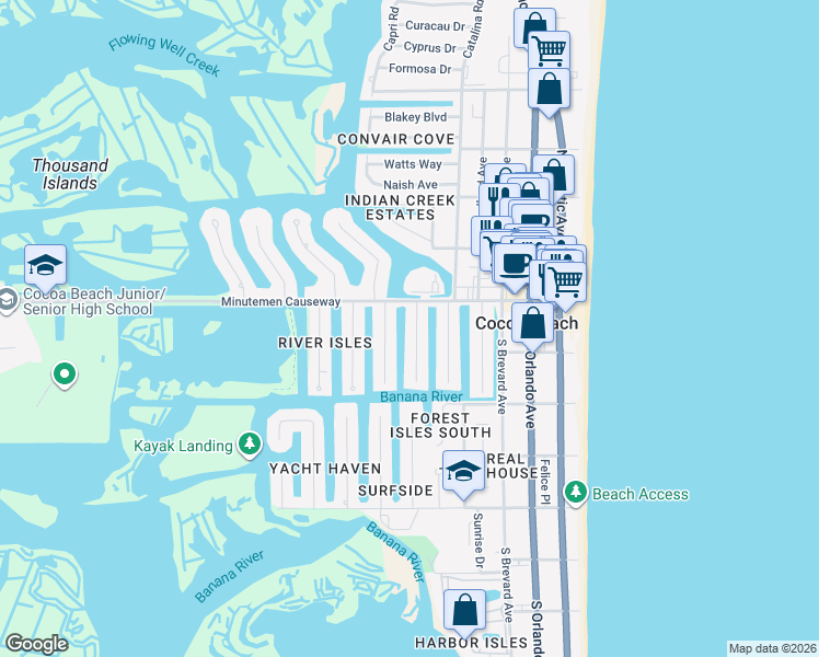 map of restaurants, bars, coffee shops, grocery stores, and more near 111 Boca Ciega Road in Cocoa Beach