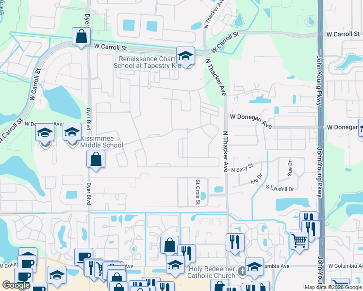 map of restaurants, bars, coffee shops, grocery stores, and more near 2445 Varenna Loop in Kissimmee