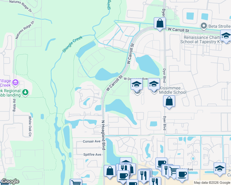 map of restaurants, bars, coffee shops, grocery stores, and more near West Carroll Street in Kissimmee