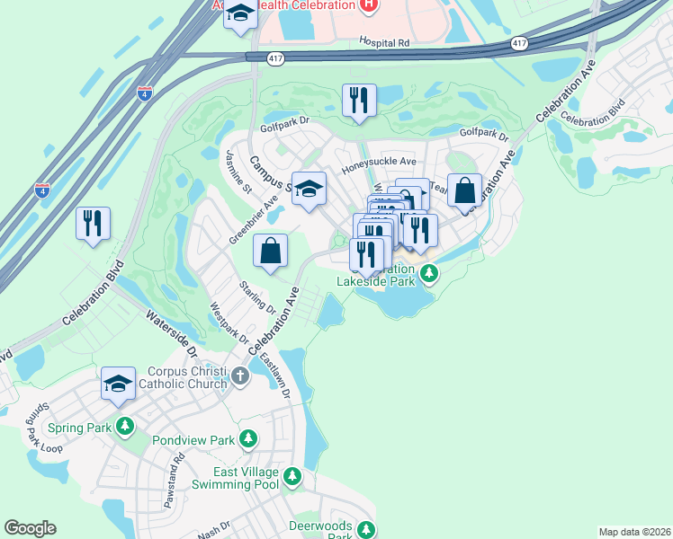 map of restaurants, bars, coffee shops, grocery stores, and more near Unnamed Road in Celebration