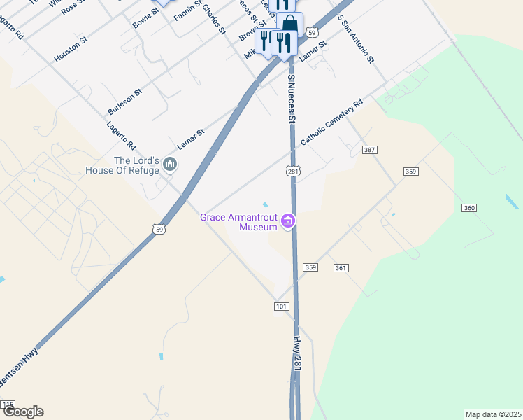 map of restaurants, bars, coffee shops, grocery stores, and more near 1305 Catholic Cemetery Road in George West
