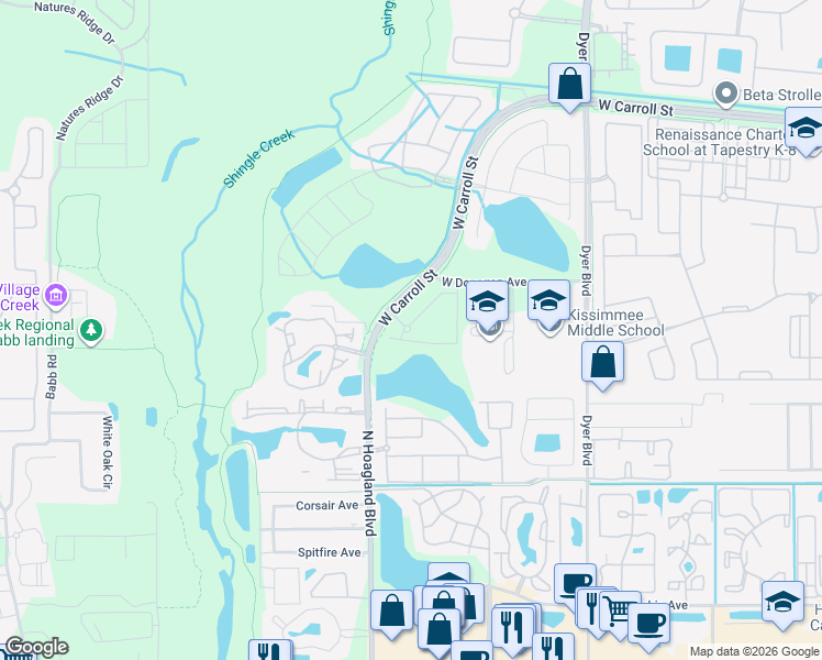 map of restaurants, bars, coffee shops, grocery stores, and more near 4005 Bismark Drive in Kissimmee