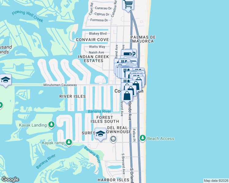 map of restaurants, bars, coffee shops, grocery stores, and more near 108 Sunset Drive in Cocoa Beach