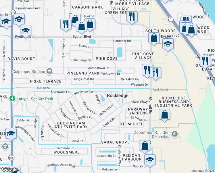 map of restaurants, bars, coffee shops, grocery stores, and more near 798 Topaz Drive in Rockledge