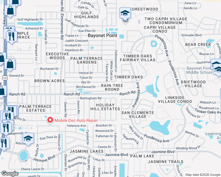 map of restaurants, bars, coffee shops, grocery stores, and more near 11004 Tamarix Avenue in Port Richey