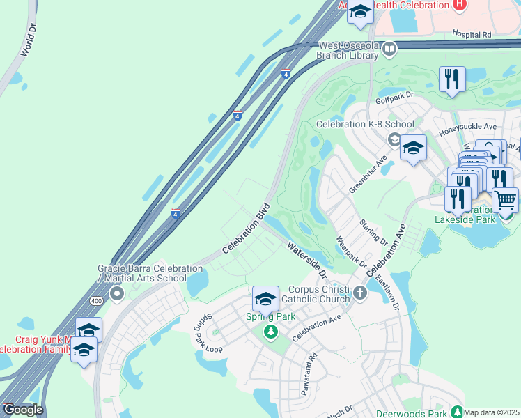 map of restaurants, bars, coffee shops, grocery stores, and more near 1180 Celebration Boulevard in Kissimmee