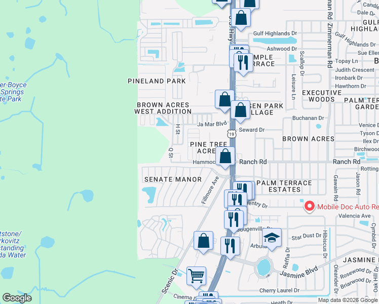 map of restaurants, bars, coffee shops, grocery stores, and more near 6743 Clemens Boulevard in Port Richey