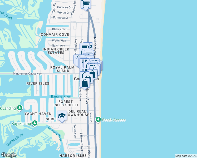 map of restaurants, bars, coffee shops, grocery stores, and more near 57 South Atlantic Avenue in Cocoa Beach