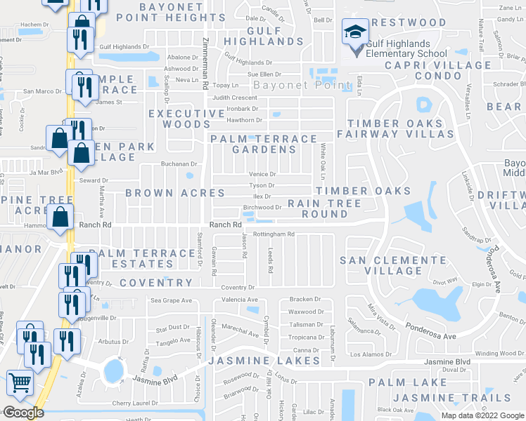 map of restaurants, bars, coffee shops, grocery stores, and more near 7704 Birchwood Drive in Port Richey