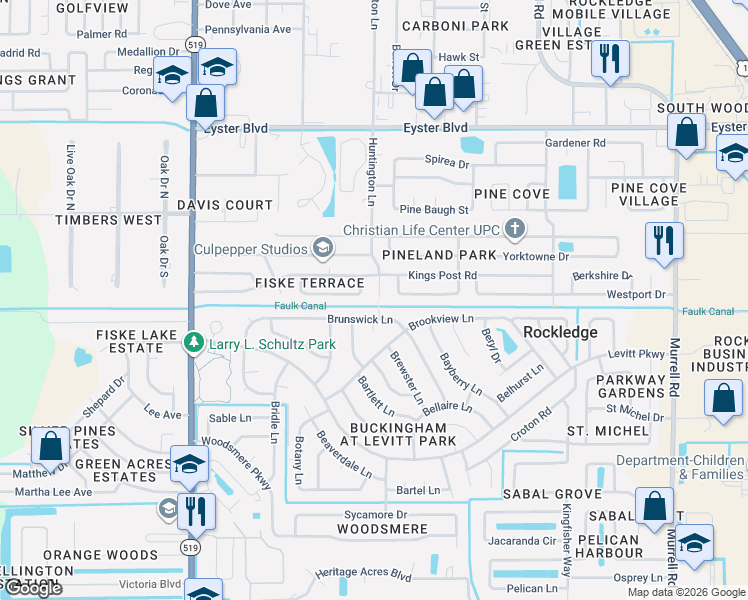 map of restaurants, bars, coffee shops, grocery stores, and more near 912 Bedford Road East in Rockledge