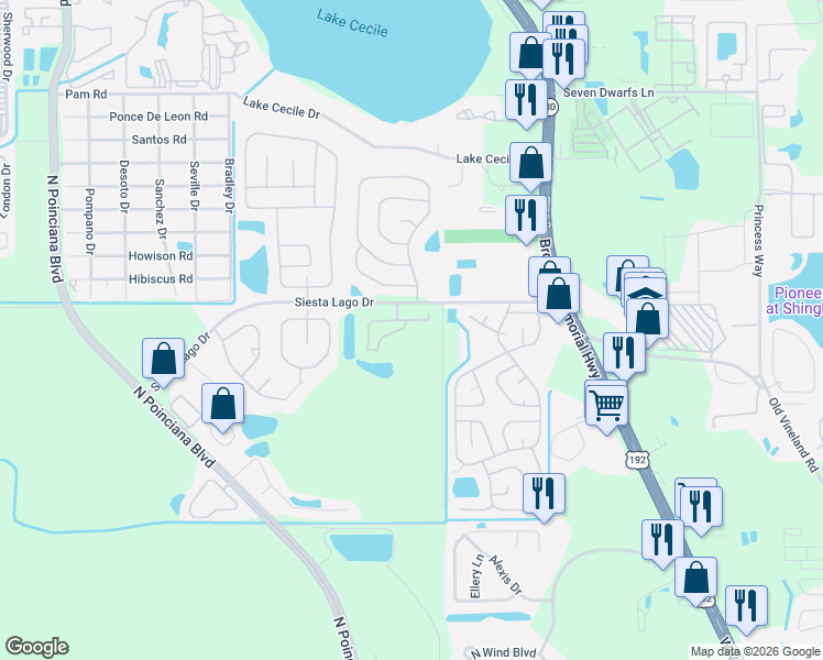 map of restaurants, bars, coffee shops, grocery stores, and more near 2454 Sweetwater Club Circle in Kissimmee